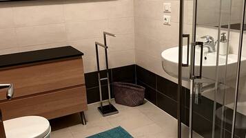 Shower, hair dryer, bidet, towels