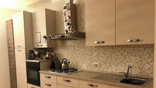 Una cocina moderna con estufa a gas, hervidor y pileta.