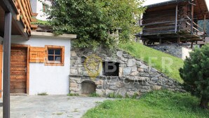 Un edificio rústico de piedra con puerta y ventana de madera, rodeado de vegetación y un camino de piedras.