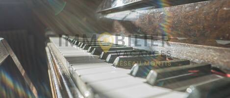 Um close-up de um piano com interior de madeira e superfícies refletoras.