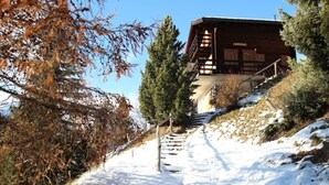 A wooden cabin with a staircase leading up to it, surrounded by trees and snow.