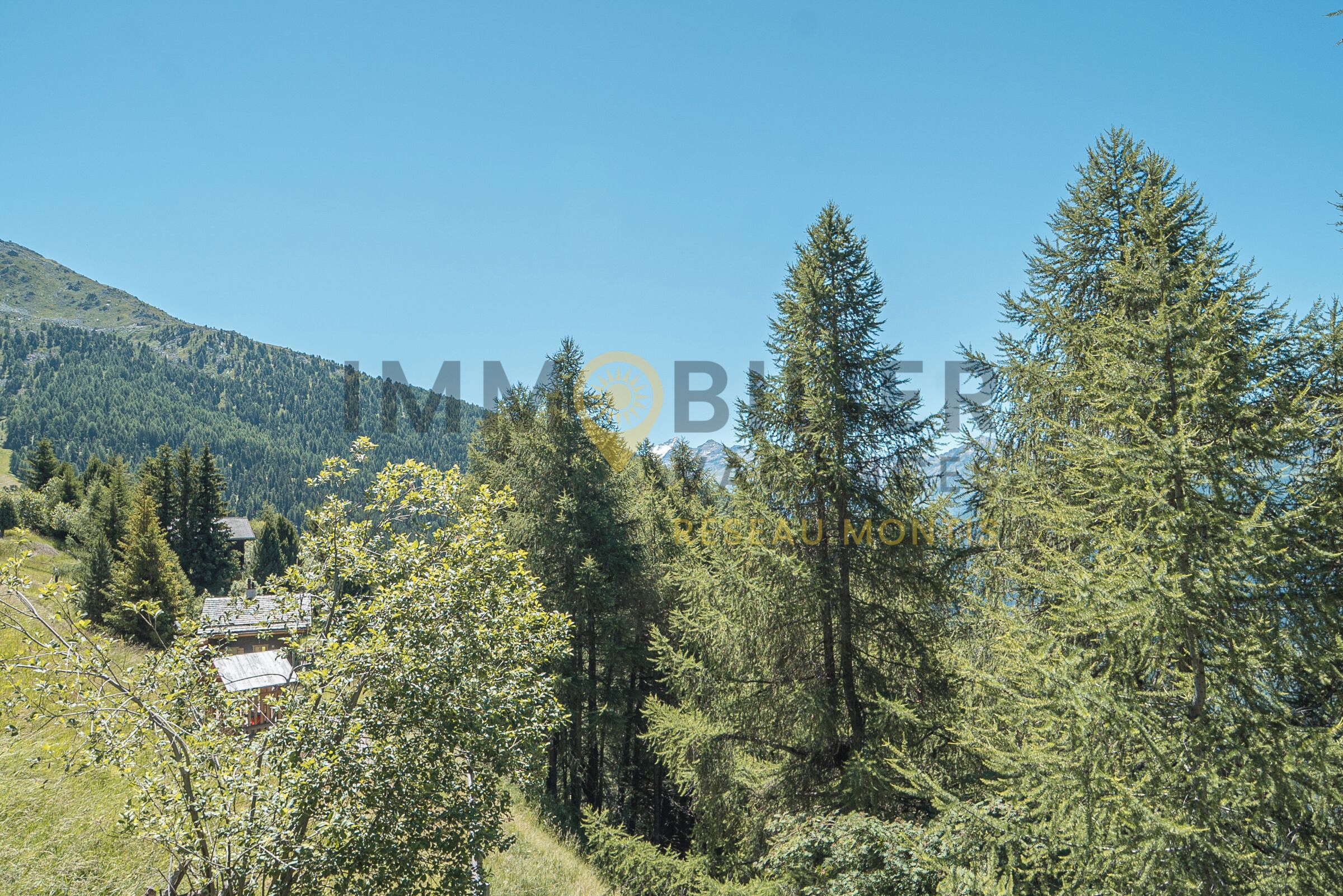 A mountain landscape with a cabin surrounded by trees.