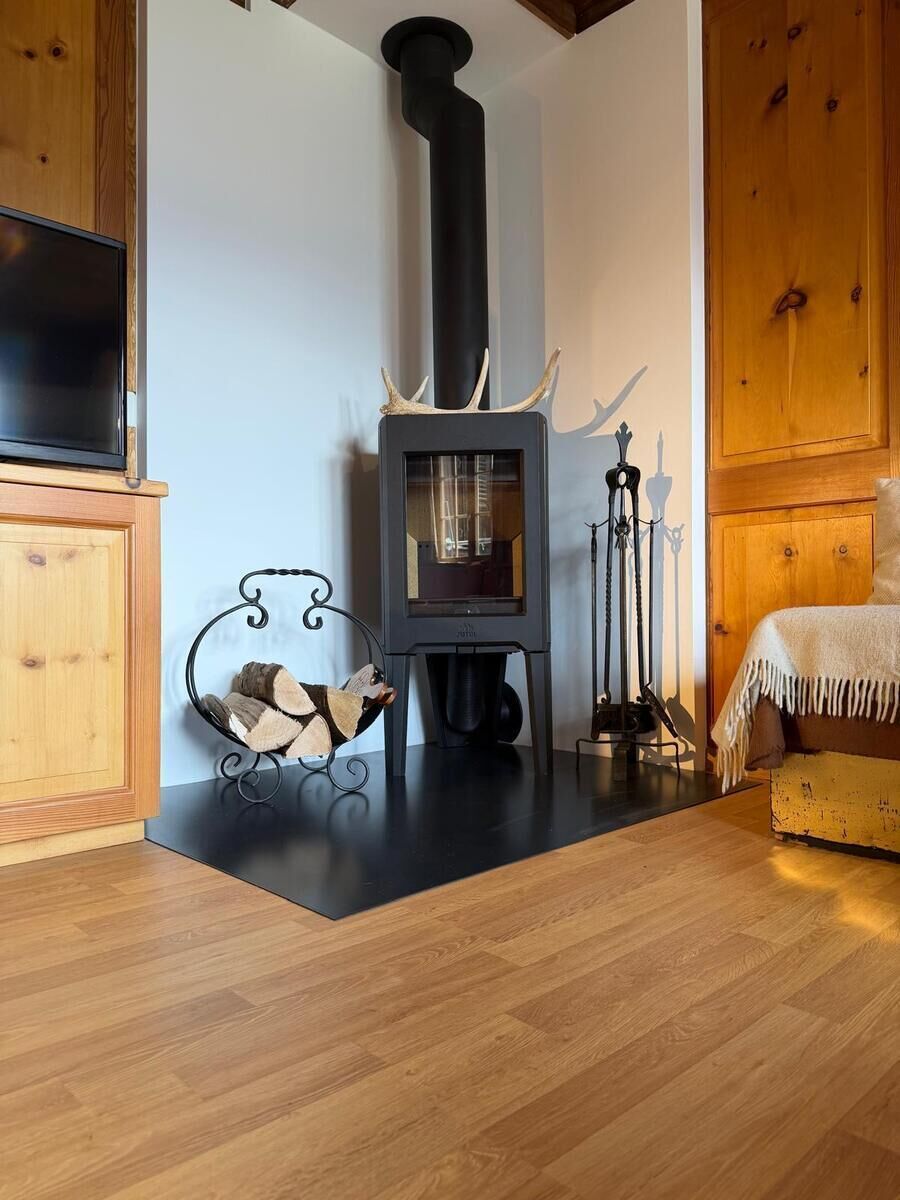 Une pièce confortable avec un poêle à bois, un lit et un téléviseur.