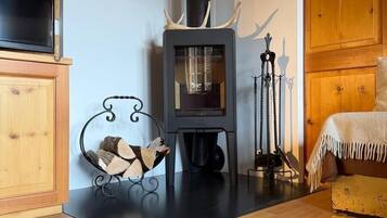 Une pièce confortable avec un poêle à bois, un lit et un téléviseur.