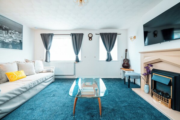 Smart TV, fireplace, books