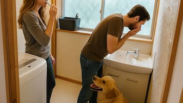 Combined shower/bathtub, hair dryer, slippers, towels