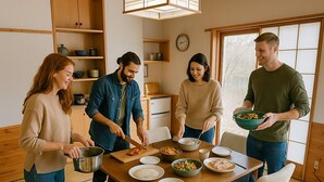 A family dining together in a room with a wooden table, chairs, and a dog. - Guesthouse & Sharehouse carima azumik (Omachi)