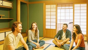A tatami mat room with a shoji screen door, a hanging lantern, and a wooden shelf with storage boxes. - Guesthouse & Sharehouse carima azumik (Omachi)