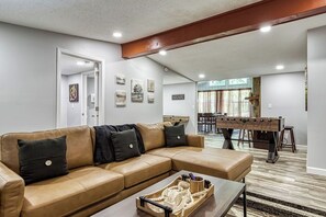 Smart TV, fireplace, video games, foosball