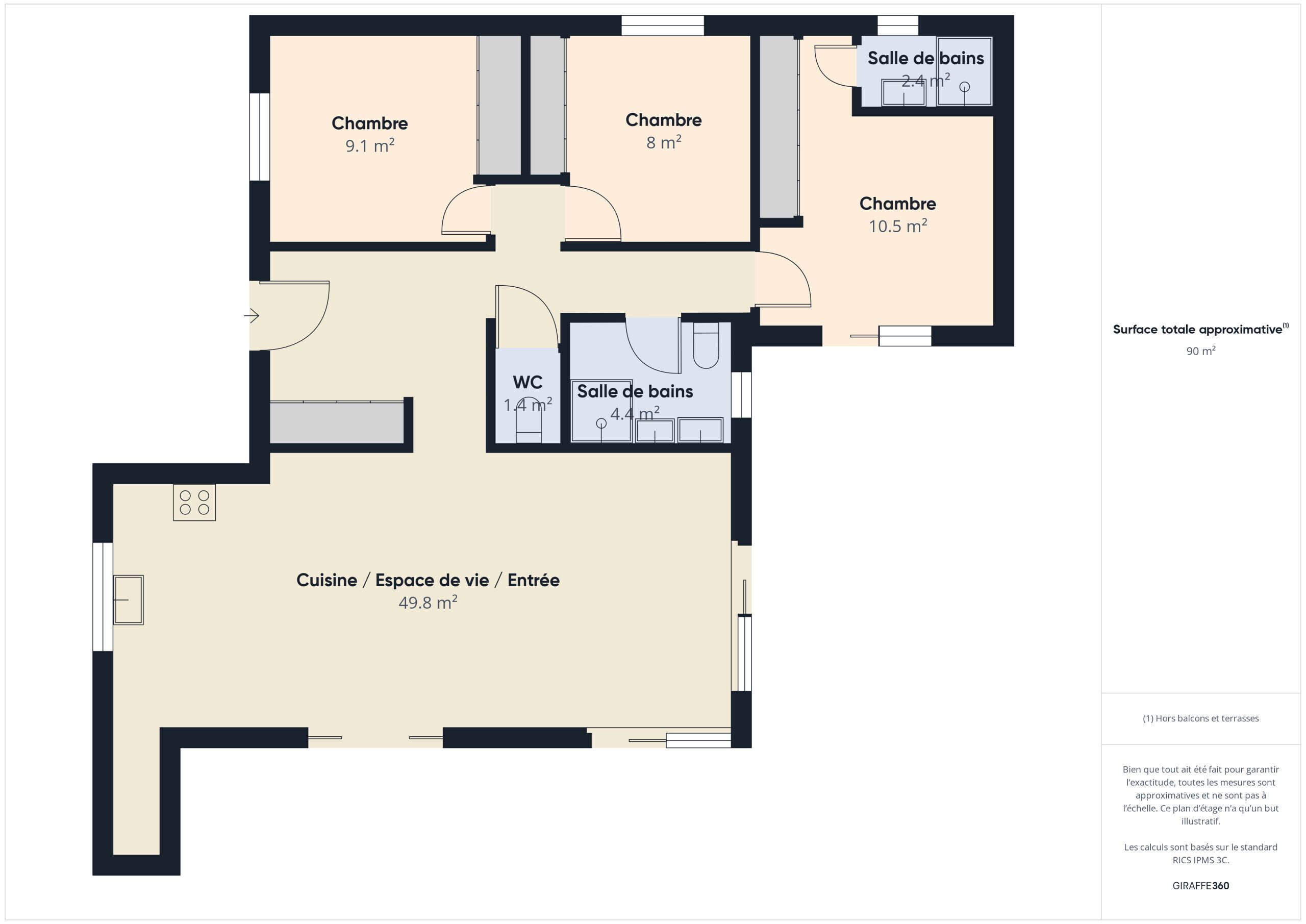 Grundriss eines Hotels mit zwei Schlafzimmern, einem Badezimmer, einer Küche und einem Wohnbereich, insgesamt etwa 90 m².