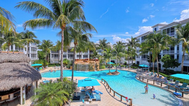 A resort with a swimming pool, lounge chairs, palm trees, and a thatched-roof structure. - Tropical Poolside Retreat! (Bonita Springs)