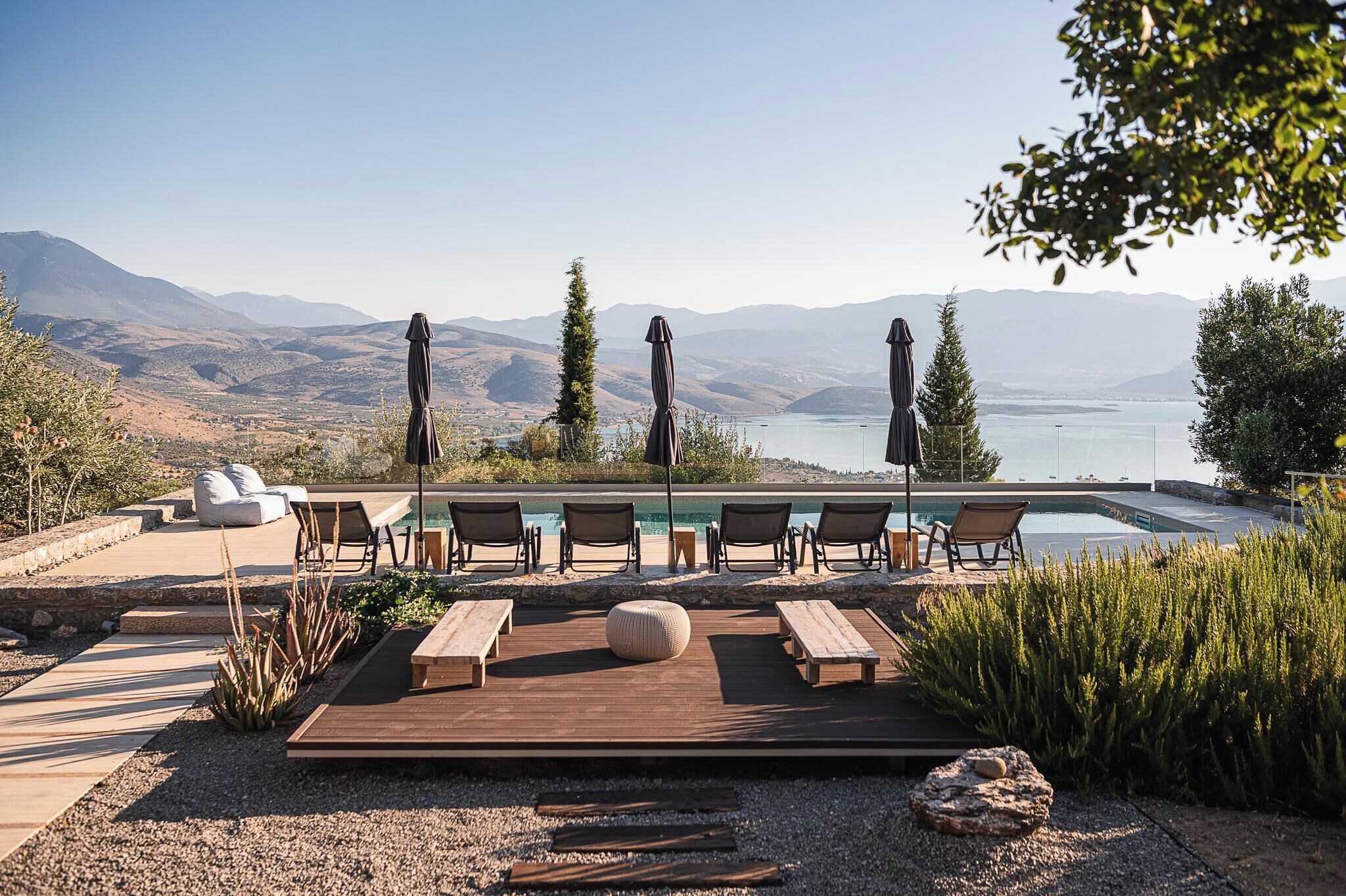 Outdoor pool, pool umbrellas, pool loungers