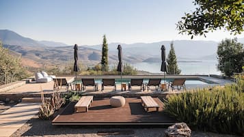 Outdoor pool, pool umbrellas, pool loungers