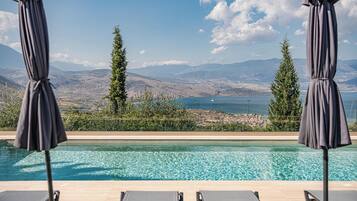 Outdoor pool, pool umbrellas, pool loungers