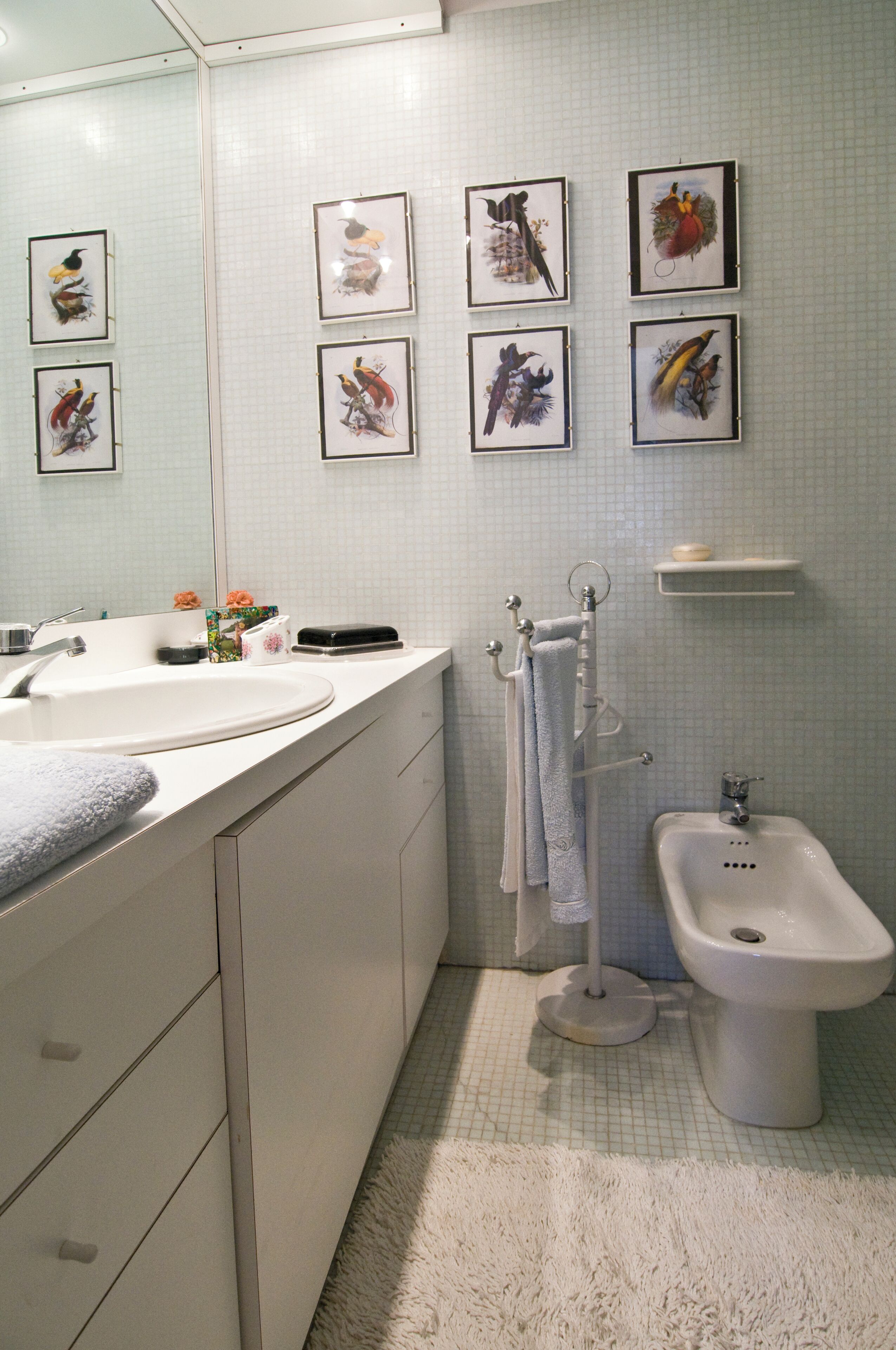 Une salle de bain équipée d’un lavabo, d’un miroir, d’un porte-serviettes et d’un bidet.