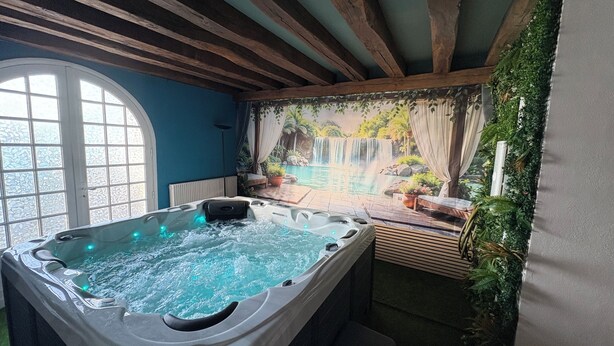 A spa room with a hot tub, a view of a waterfall, and a mural of a tropical landscape. - Domaine des Chateaux (Chaumont-sur-Loire)