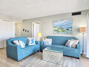 Living area - Ocean block 3 bedroom condo with a pool, just steps to the beach and Atlantic Ocean! Sleeps 11. Bluewater East #S902 (Ocean City)