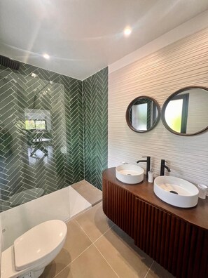 Shower, hair dryer, towels
