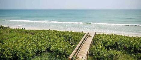 A wooden boardwalk leading to a beach with lush greenery in the foreground.