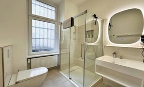 Hair dryer, towels, soap, toilet paper