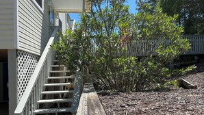 A wooden deck leading to a house with a white picket fence and a small tree in the yard. - Spacious 3BR/3BA Beach House on Quiet Wooded Lot – Minutes from the Ocean (Kitty Hawk)