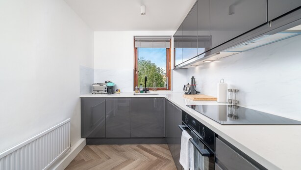 A modern kitchen with grey cabinets, a black stove, and a window with a view of trees. - Chic 2BR Battersea Flat - Terrace & Pet-Friendly (London)