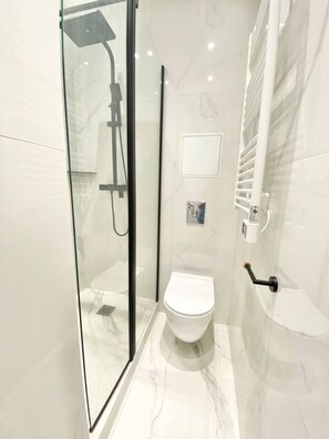 Hair dryer, towels, soap, shampoo