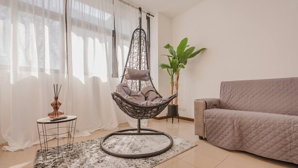 Un salon moderne avec un fauteuil suspendu, un canapé, une petite table et une plante en pot.
