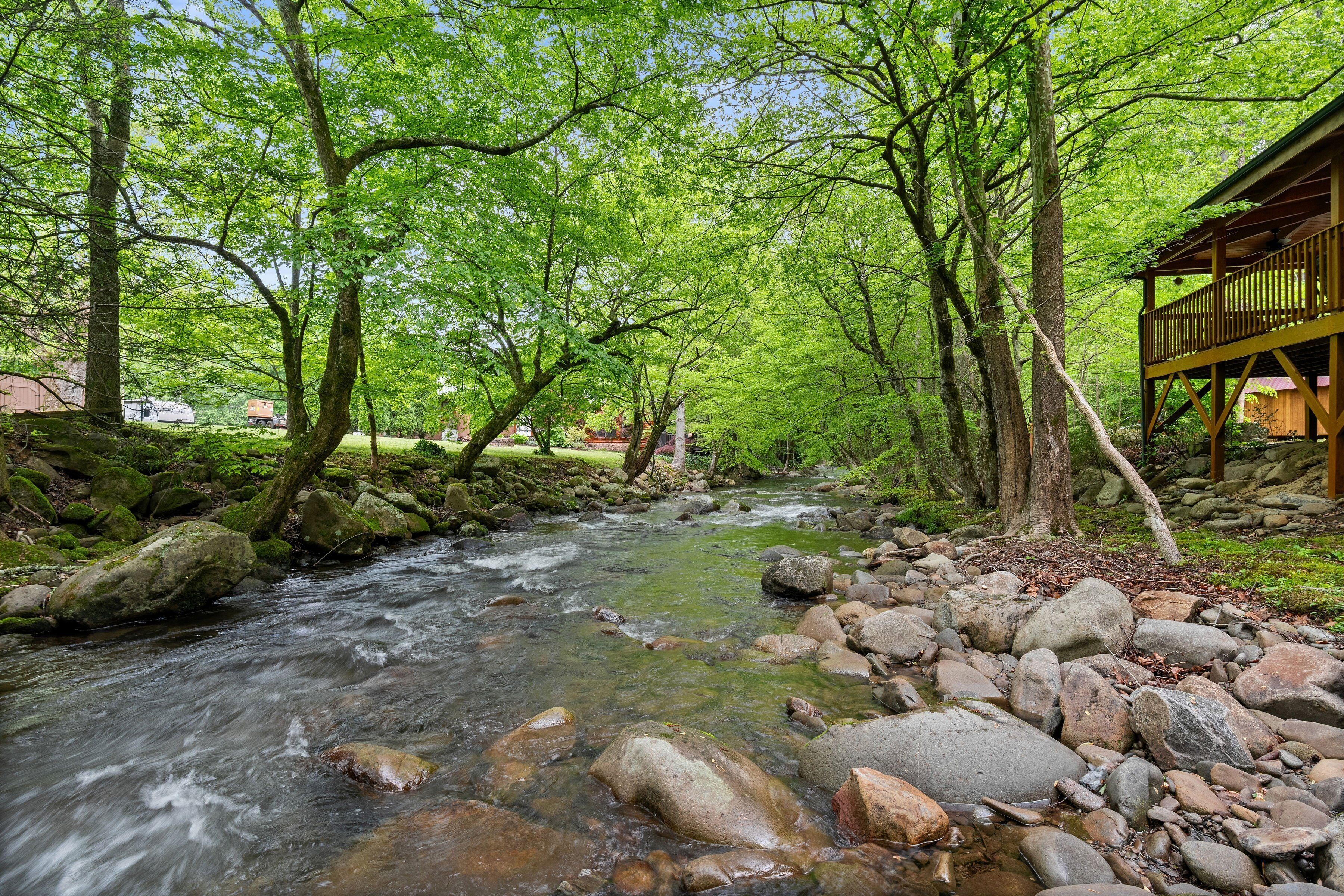 A river flowing through a forested area with a wooden structure on the right.