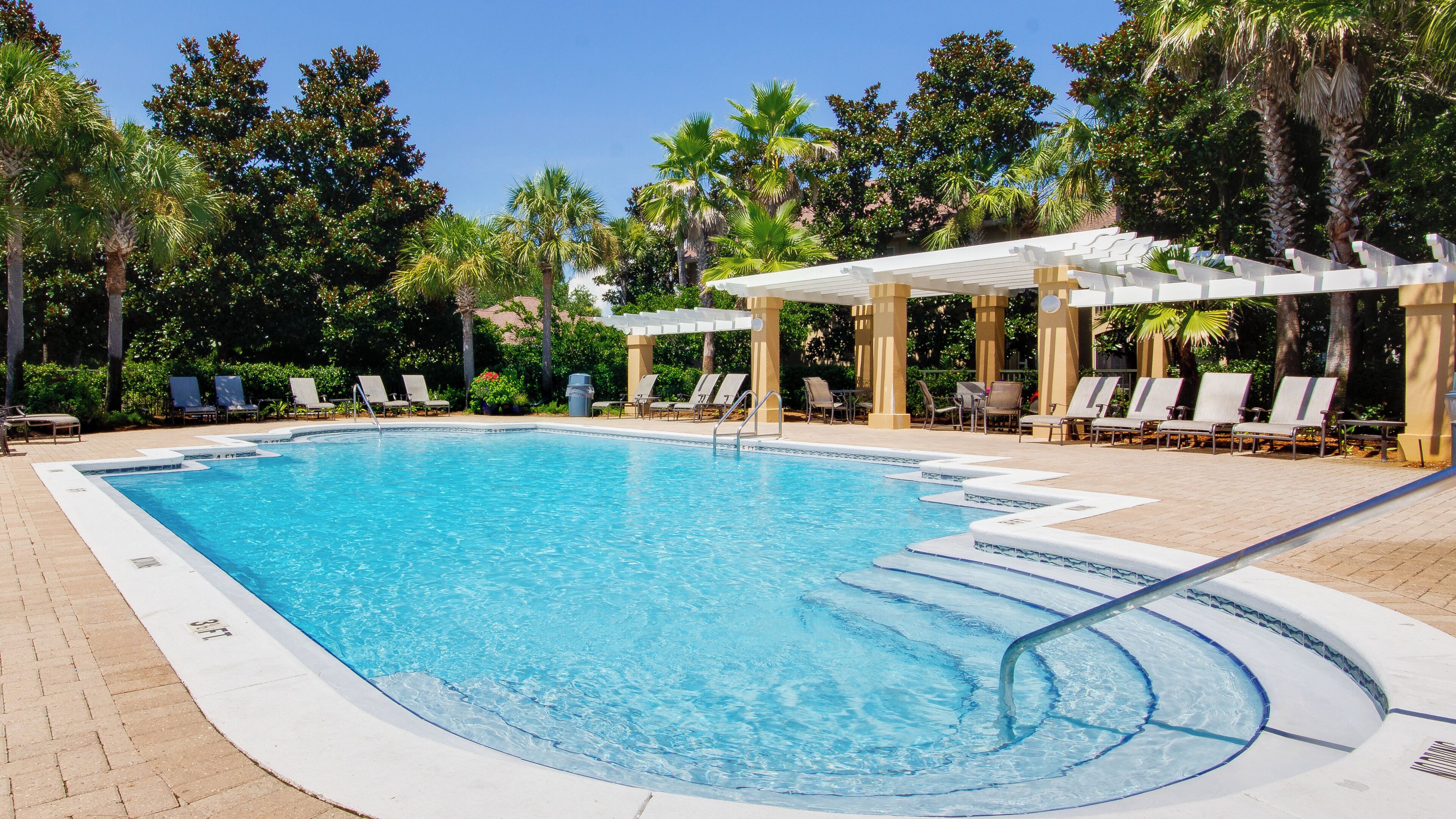 A rectangular swimming pool with clear blue water, surrounded by lounge chairs and palm trees.