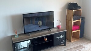 Un salon moderne avec un téléviseur à écran plat posé sur un meuble TV en bois, un petit meuble en bois agrémenté de coussins roses et un climatiseur fixé au plafond.