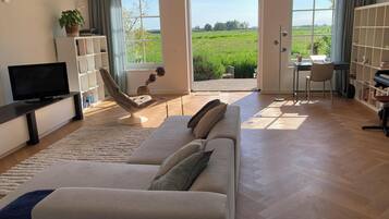 TV connectée, cheminée, écrans d'ordinateur