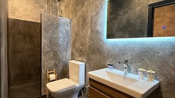 Hair dryer, towels, soap, toilet paper