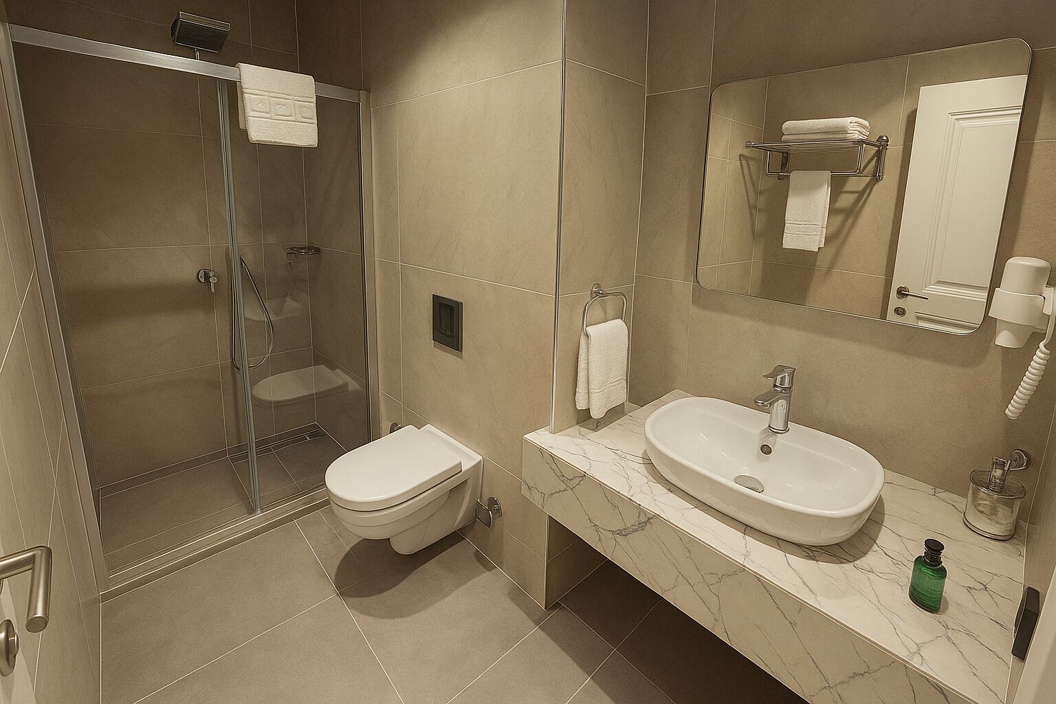 A modern bathroom with a glass-enclosed shower, a toilet, a sink with a marble countertop, and a large mirror.