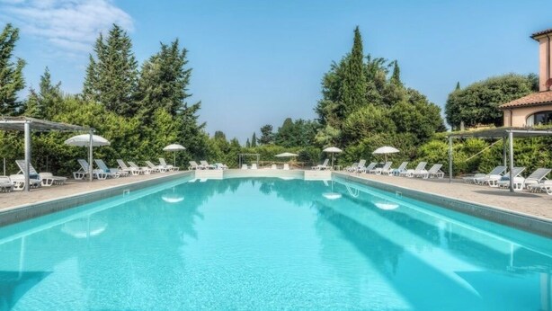 A clear swimming pool with lounge chairs and umbrellas, surrounded by trees. - Resort with pool in Riparbella  (Riparbella)