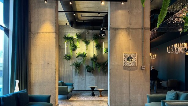 Un vestíbulo moderno con pared de hormigón, plantas verdes y una alfombra estampada. Hay dos sofás y una mesa de centro.