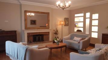 Televisión, chimenea, reproductor de DVD y libros