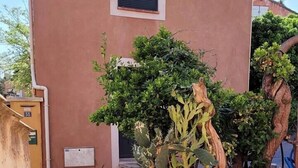 A patio area with a wooden table and chairs, potted plants, and a cactus. - Cocooning apartment near the sea (Carqueiranne)