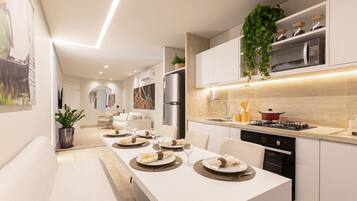 Appartement Premium | Cuisine privée | Réfrigérateur, micro-ondes, grille-pain