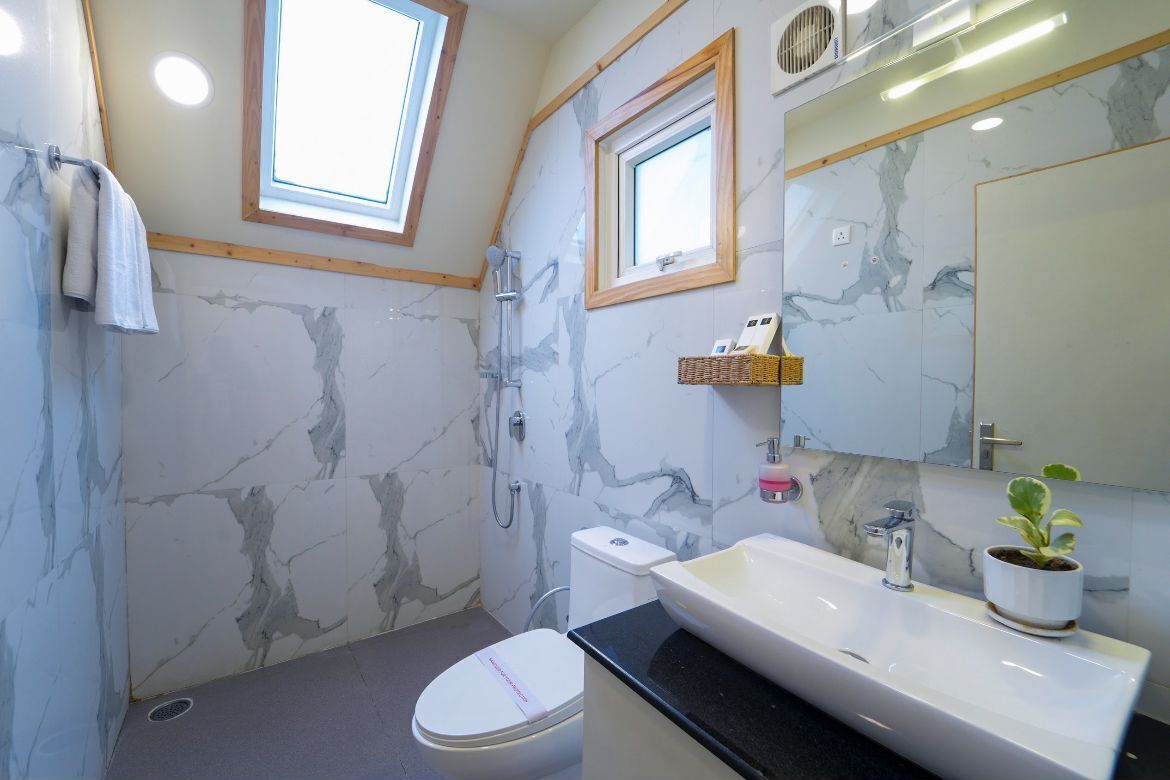 Un bagno con il WC, un lavandino, una doccia e una parete in marmo.