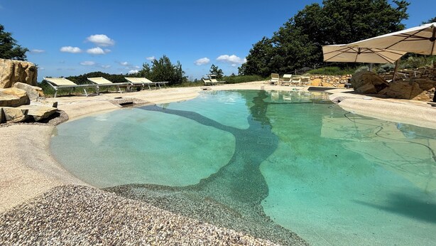 Una piscina cristalina con sillas de descanso y sombrillas, rodeada de rocas y árboles.