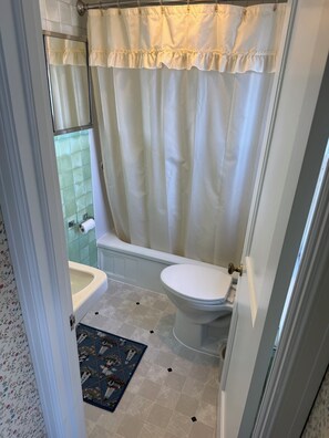 Een badkamer met toilet, bad en douchegordijn.