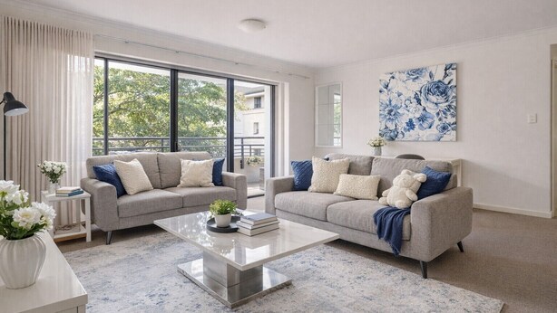 A modern living room with two sofas, a coffee table, and a large window. - Walk to Elizabeth Quay | Pool & Parking (Perth)