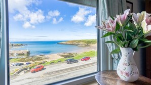 A coastal view through a window with a vase of flowers on a table.