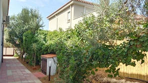 A residential area with a paved walkway, a small utility shed, and a house with a tiled roof. - Domus Amelio - Country Rooms (Cinisi)