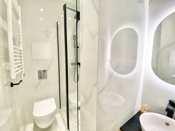 Hair dryer, towels, soap, shampoo