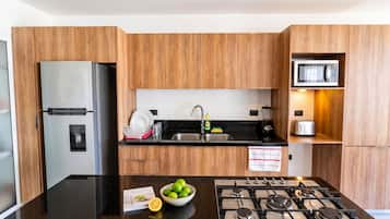 Departamento Premier | Cocina privada | Refrigerador con congelador, microondas, horno y parrilla de estufa
