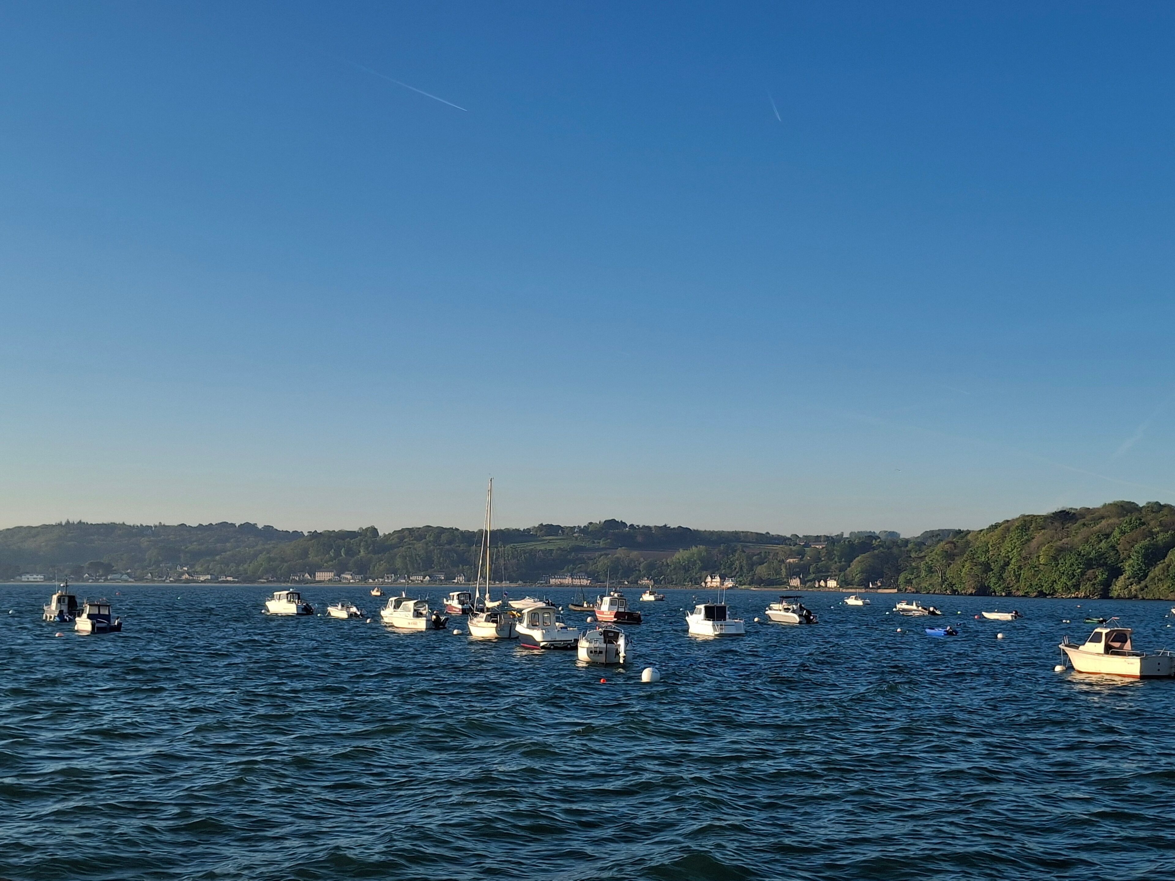 A marina with various boats docked, surrounded by a hilly landscape.