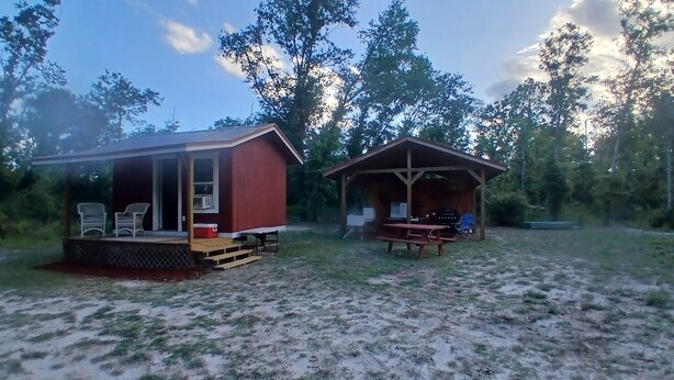 Dos cabañas de madera con porches, una de color rojo y la otra de color marrón, rodeadas de árboles y césped.