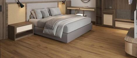 A modern bedroom with a large bed, bedside tables, a round mirror, and built-in wooden shelving.